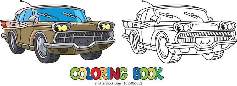 Funny retro car with eyes. Coloring book