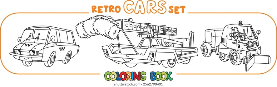 Funny retro cars with eyes coloring book set