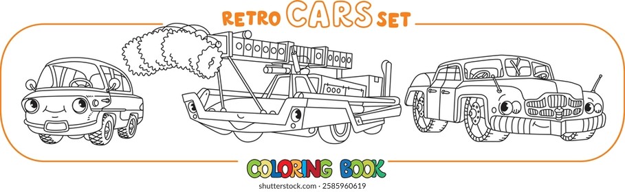 Funny retro cars with eyes coloring book set
