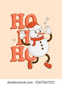 Funny retro cartoon 70s Christmas snowman character  background. Xmas mascot in groovy style vector illustration. Ho Ho Ho. Merry Christmas and Happy New year Invitation, poster, greeting card.