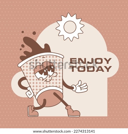 Funny retro cartoon character of coffee in paper cup and inscription Enjoy today. Vector contour monochrome illustration. Cool mascot drink in nostalgic 60s retro style for cards and banner design