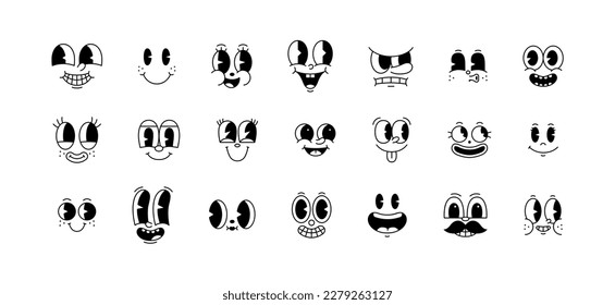 Funny retro cartoon character face drawing set on isolated background. Black and white vintage animation art style bundle. Trendy 50s mascot, facial expression graphic, mascot gesture sticker.