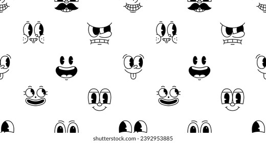 Funny retro cartoon character face seamless pattern. Black and white vintage animation art style background. Trendy 50s mascot texture print, facial expression graphic wallpaper drawing.