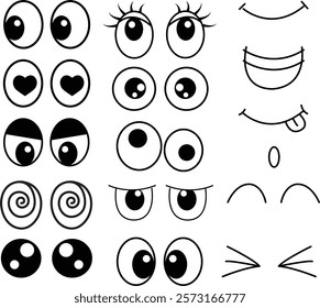 Funny retro cartoon character face drawing set on isolated background. Black and white vintage animation art style bundle. Trendy 50s mascot, facial expression graphic, mascot gesture sticker