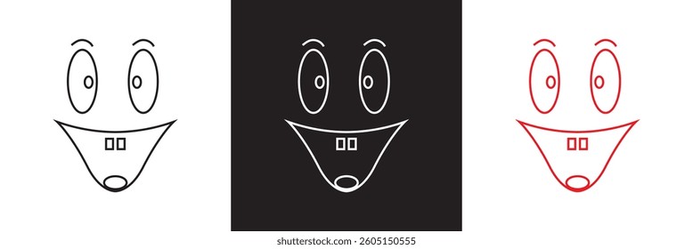 Funny retro cartoon character face drawing icon. Animation art style bundle. Mascot gesture sticker.  Vector illustration. isolated on white and black background. EPS 10