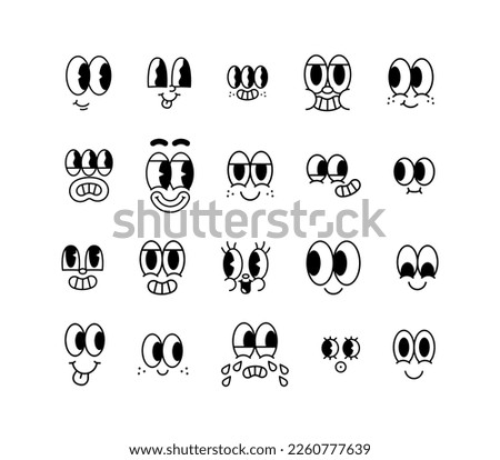 Funny retro cartoon character face drawing set on isolated background. Black and white vintage animation art style bundle. Trendy 50s mascot, facial expression graphic, mascot gesture sticker. 商業照片 © 