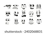 Funny retro cartoon character faces thin line vector icons set on white background. Mascot facial expression graphic constructor elements