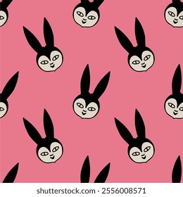 Funny retro cartoon character. Vintage illustration, cute character with bunny ears. Vector clip art. Seamless pattern.