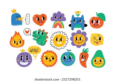 Funny retro cartoon characters with faces. Contemporary illustration with cute comic book characters. Doodle Comic friends. Vector images, trendy stickers. Isolated cute characters