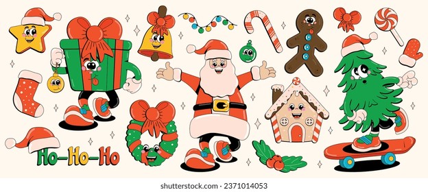 Funny retro cartoon characters Merry Christmas and Happy New Year. Vector illustration in 60-80s style. Modern set of stickers.