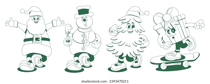 Funny retro cartoon characters Merry Christmas. Set of vector stickers in 70s style Monochrome.