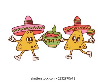 Funny retro cartoon characters Nachos holding tomato salsa sauce bowl. Mexican food mascot. Nachos chips in sombreros hats with maracas. Vector contour hand drawn illustration.