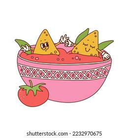 Funny retro cartoon characters Nachos taking bath in tomato salsa sauce bowl. Latin American, Mexican food mascot. Vector hand drawn linear illustration