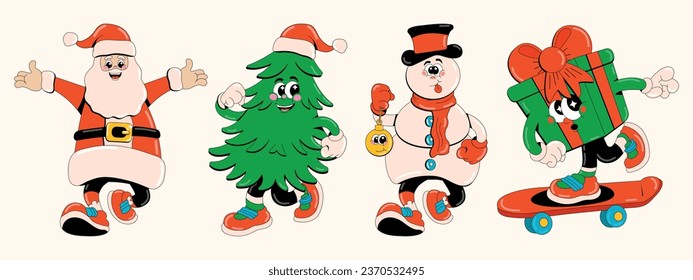 Funny retro cartoon characters on a Christmas theme. Merry Christmas. Set of vector stickers.