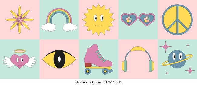 Funny retro cartoon characters. Psychedelic vintage cards with rainbow, sunglasses, sun and heart with wings and ring. Graphic elements for poster templates.