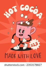 Funny Retro cartoon christmas Character in groovy 50s, 60s, 70s Vintage Style. Happy new year mascot with hot coffee, cocoa, gingerbread, cake, cupcake and cookie. Xmas vintage characters.