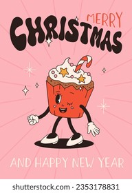 Funny Retro cartoon christmas Character in groovy 50s, 60s, 70s Vintage Style. Happy new year mascot with hot coffee, cocoa, gingerbread, cake, cupcake and cookie. Xmas vintage characters.