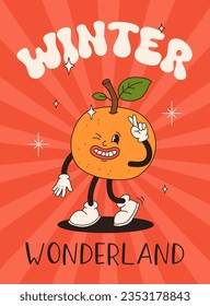 Funny Retro cartoon christmas Character in groovy 50s, 60s, 70s Vintage Style. Happy new year mascot with hot coffee, cocoa, gingerbread, cake, cupcake and cookie. Xmas vintage characters.