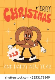 Funny Retro cartoon christmas Character in groovy 50s, 60s, 70s Vintage Style. Happy new year mascot with hot coffee, cocoa, gingerbread, cake, cupcake and cookie. Xmas vintage characters.