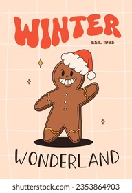 Funny Retro cartoon christmas Character in groovy 50s, 60s, 70s Vintage Style. Happy new year mascot with hot coffee, cocoa, gingerbread, cake, cupcake and cookie. Xmas vintage characters.