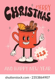 Funny Retro cartoon christmas Character in groovy 50s, 60s, 70s Vintage Style. Happy new year mascot with hot coffee, cocoa, gingerbread, cake, cupcake and cookie. Xmas vintage characters.