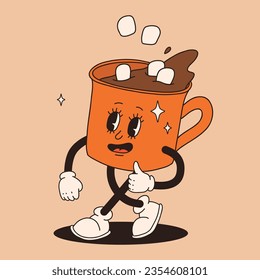 Funny Retro cartoon christmas Character in groovy 50s, 60s, 70s Vintage Style. Happy new year mascot with hot coffee, cocoa, gingerbread, cake, cupcake and cookie. Xmas vintage characters.