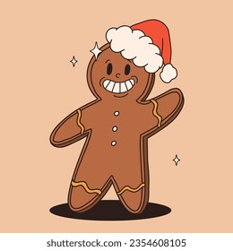 Funny Retro cartoon christmas Character in groovy 50s, 60s, 70s Vintage Style. Happy new year mascot with hot coffee, cocoa, gingerbread, cake, cupcake and cookie. Xmas vintage characters.