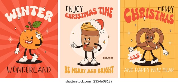 Funny Retro cartoon christmas Character in groovy 50s, 60s, 70s Vintage Style. Happy new year mascot with hot coffee, cocoa, gingerbread, cake, cupcake and cookie. Xmas vintage characters.