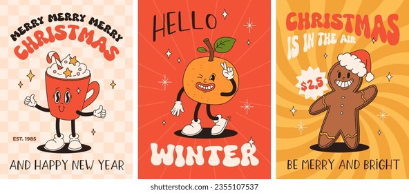 Funny Retro cartoon christmas Character in groovy 50s, 60s, 70s Vintage Style. Happy new year mascot with hot coffee, cocoa, gingerbread, cake, cupcake and cookie. Xmas vintage characters.