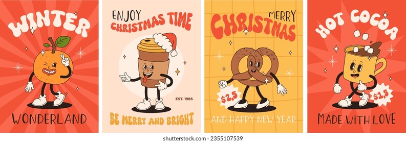 Funny Retro Cartoon Weihnachten Charakter in groovy 50s, 60s, 70s Vintage Style. Schönes neues Jahr Maskottchen mit heißem Kaffee, Kakao, Lebkuchen, Kuchen, Kuchen und Keks. Xmas Vintage-Charaktere.