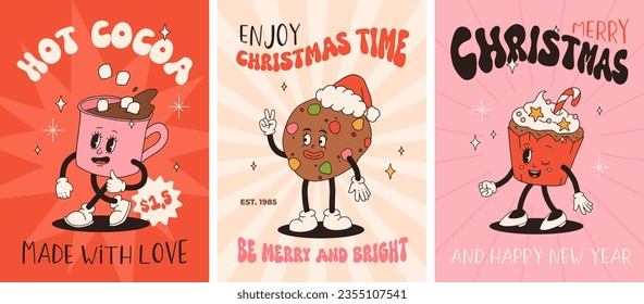 Funny Retro cartoon christmas Character in groovy 50s, 60s, 70s Vintage Style. Happy new year mascot with hot coffee, cocoa, gingerbread, cake, cupcake and cookie. Xmas vintage characters.