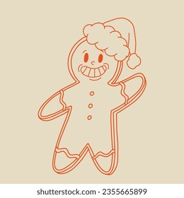 Gracioso personaje de caricatura Retro en groovy estilo vintage de los años 50, 60 y 70. Feliz año nuevo con café caliente, cacao, pan de jengibre, torta, quequito y galleta. Personajes antiguos de Navidad.