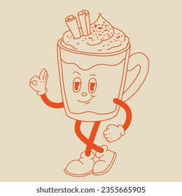 Funny Retro cartoon christmas Character in groovy 50s, 60s, 70s Vintage Style. Happy new year mascot with hot coffee, cocoa, gingerbread, cake, cupcake and cookie. Xmas vintage characters.