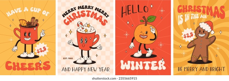 Funny Retro cartoon christmas Character in groovy 50s, 60s, 70s Vintage Style. Happy new year mascot with hot coffee, cocoa, gingerbread, cake, cupcake and cookie. Xmas vintage characters.