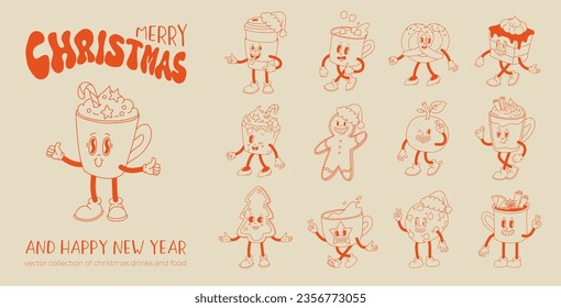 Funny Retro cartoon christmas Character in groovy 50s, 60s, 70s Vintage Style. Happy new year mascot with hot coffee, cocoa, gingerbread, cake, cupcake and cookie. Xmas vintage characters.