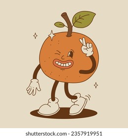Funny Retro cartoon christmas Character in groovy 50s, 60s, 70s Vintage Style. Happy new year mascot with hot coffee, cocoa, gingerbread, cake, cupcake and cookie. Xmas vintage characters.