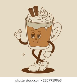 Funny Retro cartoon christmas Character in groovy 50s, 60s, 70s Vintage Style. Happy new year mascot with hot coffee, cocoa, gingerbread, cake, cupcake and cookie. Xmas vintage characters.