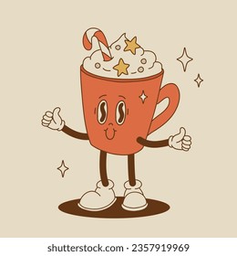 Funny Retro cartoon christmas Character in groovy 50s, 60s, 70s Vintage Style. Happy new year mascot with hot coffee, cocoa, gingerbread, cake, cupcake and cookie. Xmas vintage characters.