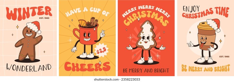 Funny Retro cartoon christmas Character in groovy 50s, 60s, 70s Vintage Style. Happy new year mascot with hot coffee, cocoa, gingerbread, cake, cupcake and cookie. Xmas vintage characters.