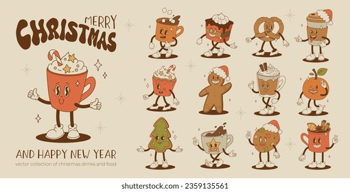 Gracioso personaje de caricatura Retro en groovy estilo vintage de los años 50, 60 y 70. Feliz año nuevo con café caliente, cacao, pan de jengibre, torta, quequito y galleta. Personajes antiguos de Navidad.