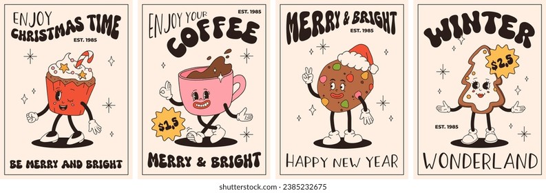 Funny Retro cartoon christmas Character in groovy 50s, 60s, 70s Vintage Style. Happy new year mascot with hot coffee, cocoa, gingerbread, cake, cupcake and cookie. Xmas vintage characters.