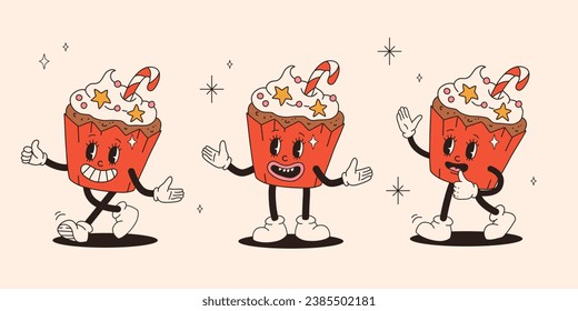 Funny Retro cartoon christmas Character in groovy funky 50s, 60s, 70s Vintage Style. Happy new year mascot of cupcake. Xmas vintage characters.