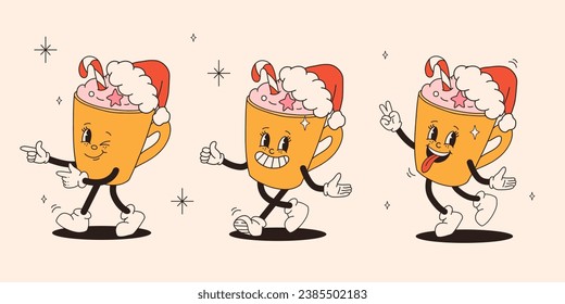 Funny Retro cartoon christmas Character in groovy 50s, 60s, 70s Vintage Style. Mug mascot in different poses. 80s contour vector illustration of coffee cup with christmas hat.