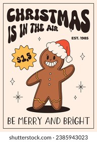 Funny Retro cartoon christmas Character in groovy funky 50s, 60s, 70s Vintage Style. Happy new year mascot with hot coffee, cocoa, gingerbread, cake, cupcake and cookie. Xmas vintage characters.