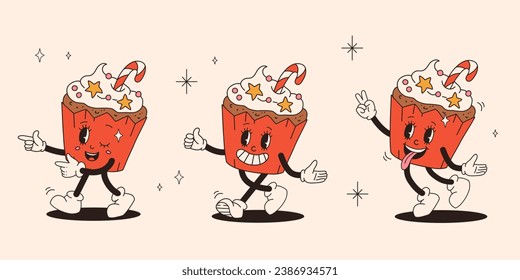 Funny Retro cartoon christmas Character in groovy funky 50s, 60s, 70s Vintage Style. Happy new year mascot of cupcake. Xmas vintage characters.