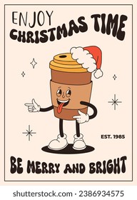 Funny Retro cartoon christmas Character in groovy funky 50s, 60s, 70s Vintage Style. Happy new year mascot with hot coffee, cocoa, gingerbread, cake, cupcake and cookie. Xmas vintage characters.