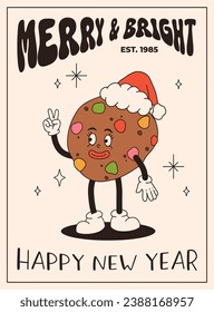 Funny Retro cartoon christmas Character in groovy funky 50s, 60s, 70s Vintage Style. Happy new year mascot with hot coffee, cocoa, gingerbread, cake, cupcake and cookie. Xmas vintage characters.