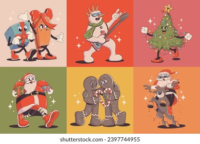 Funny Retro cartoon christmas Character in groovy 50s, 60s, 70s Vintage Style. Happy new year mascot with snowman, gifts, gingerbread, Santa, Deer. Lettering cards posters.