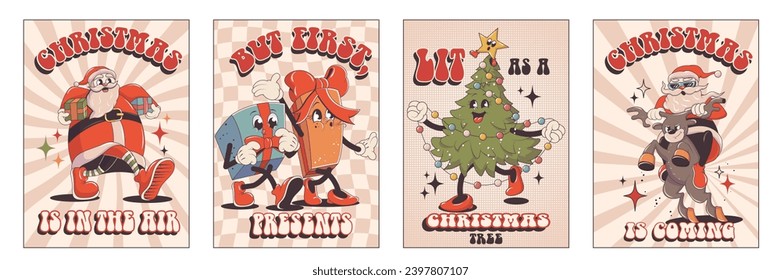 Funny Retro cartoon christmas Character in groovy 50s, 60s, 70s Vintage Style. Happy new year mascot with snowman, gifts, gingerbread, Santa, Deer. Lettering cards posters.