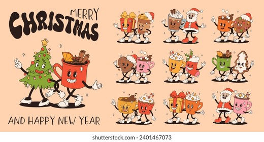 Funny Retro cartoon christmas Character in groovy 50s, 60s, 70s Vintage Style. Happy new year mascot with hot coffee, cocoa, gingerbread, cake, cupcake and cookie. Xmas vintage characters.